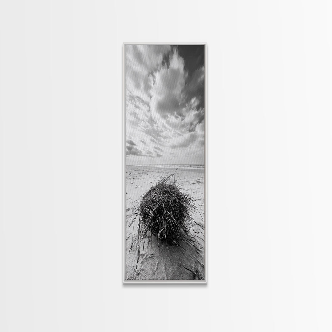 Beach Tumbleweed, Windy Dune, Coastal Drift, Seaside Simplicity, Monochrome Shoreline Framed Canvas Print, Bathroom Beach Wall Decor