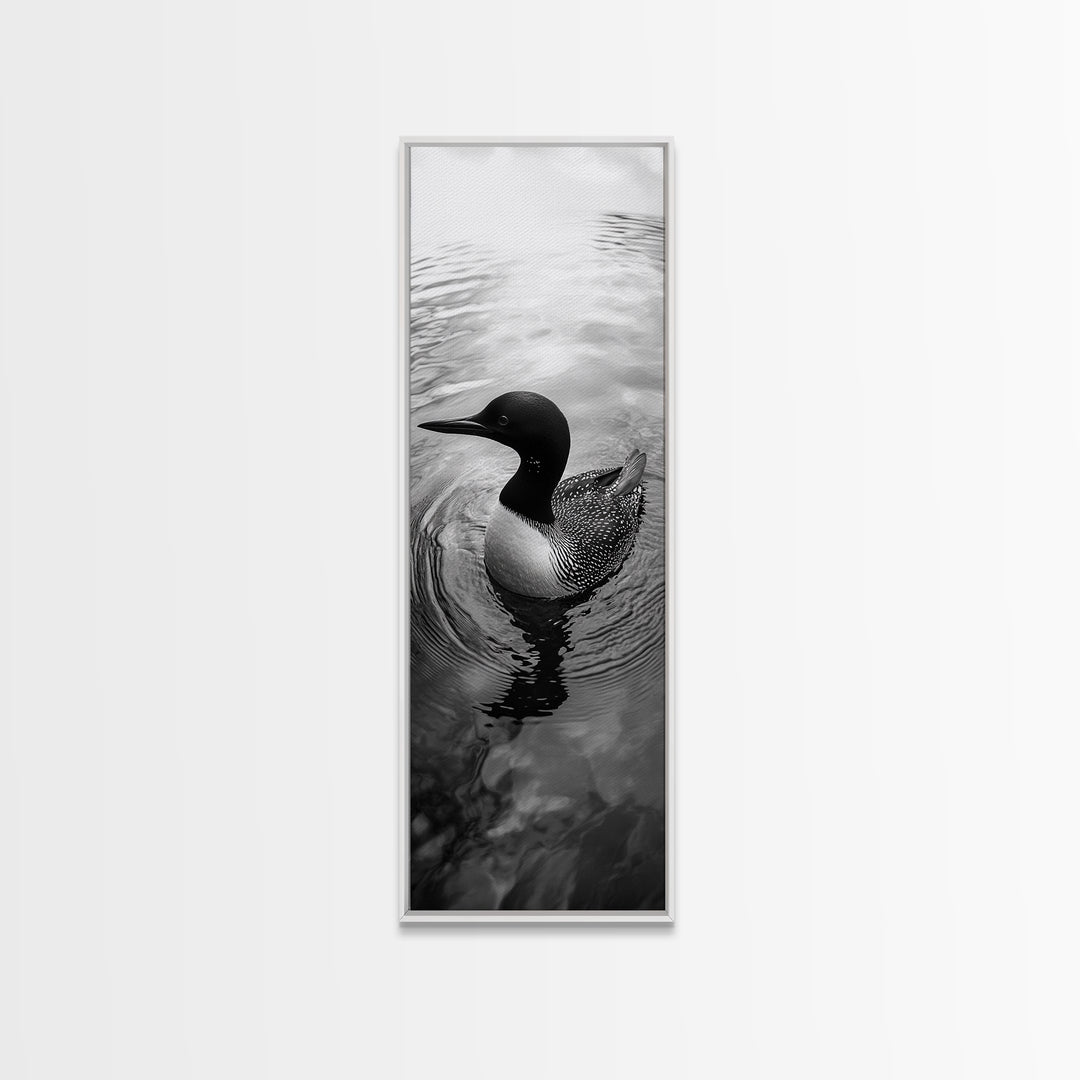 Water Loon, Lake Bird, Floating Wildlife, Nature Stillness, Serene Waterfowl Framed Canvas Print, Cabin Wall Art Rustic Lakehouse Decor