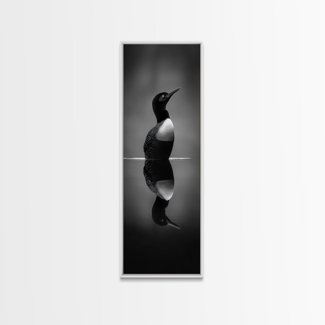 Reflected Loon, Lake Silence, Bird Mirror, Wildlife Art, Moody Black White Framed Canvas Print, Study Nature Wall Decor Minimalist Style