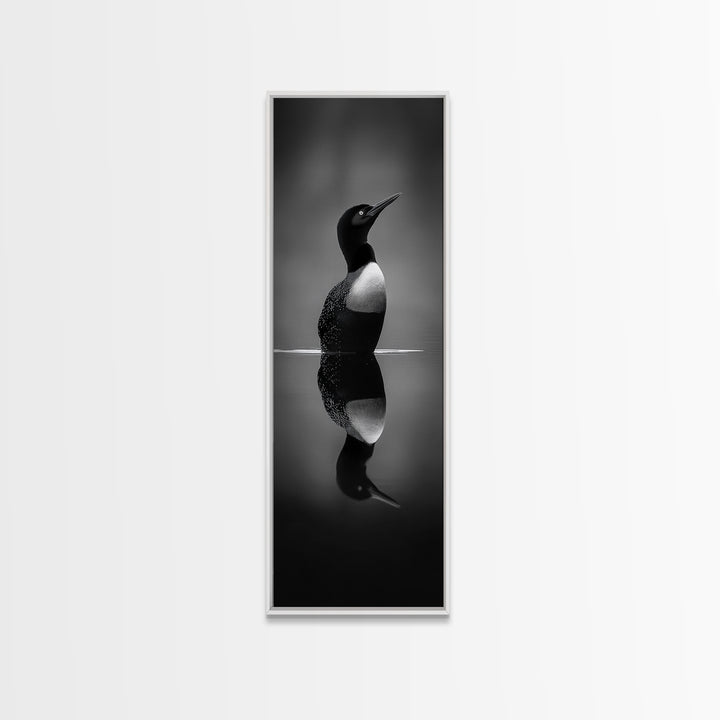 Reflected Loon, Lake Silence, Bird Mirror, Wildlife Art, Moody Black White Framed Canvas Print, Study Nature Wall Decor Minimalist Style
