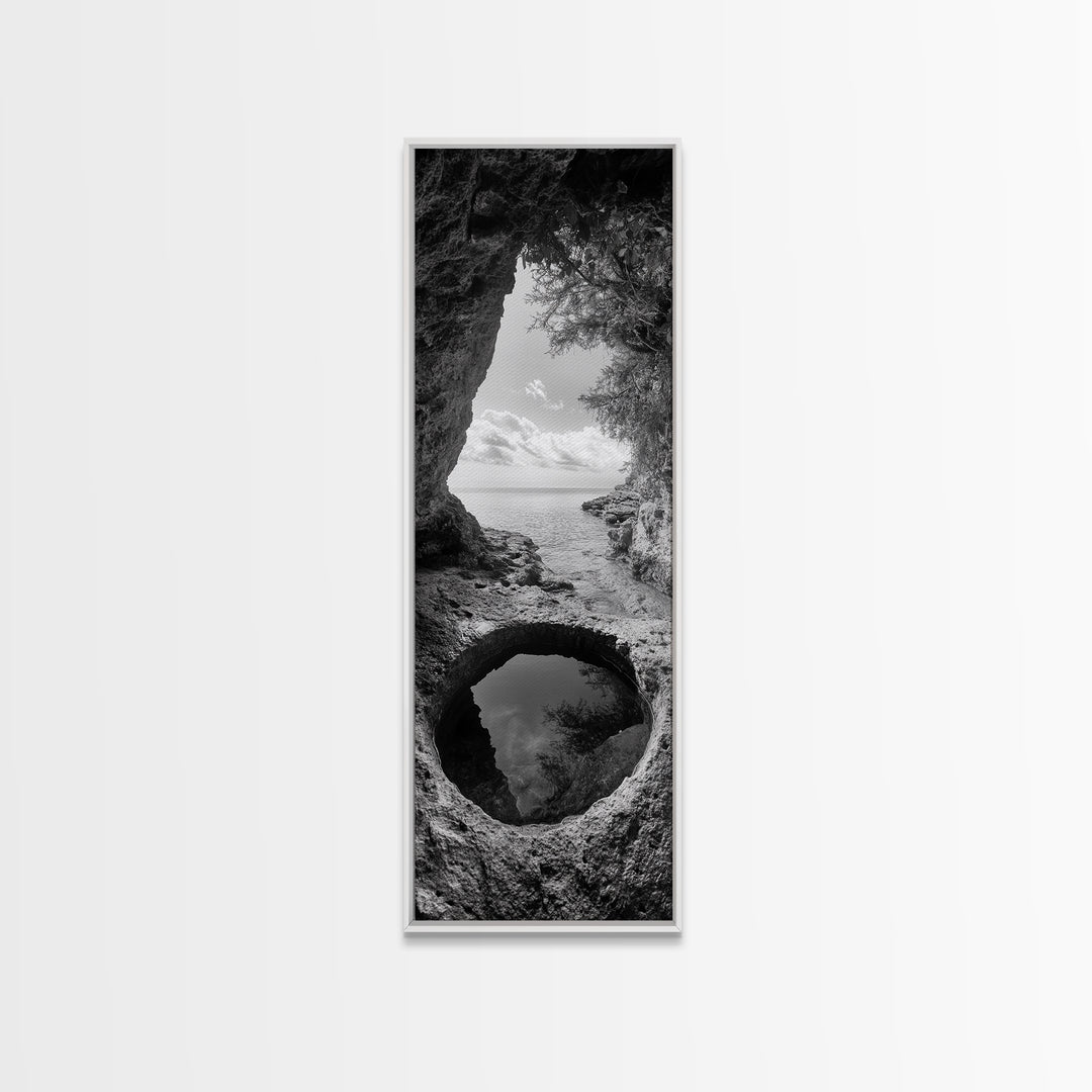 Ocean Cave, Coastal View, Natural Tide Pool, Canvas Print, Bathroom Wall Art, Seaside Decor, Minimalist Landscape, Black and White Art