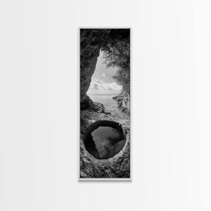 Ocean Cave, Coastal View, Natural Tide Pool, Canvas Print, Bathroom Wall Art, Seaside Decor, Minimalist Landscape, Black and White Art