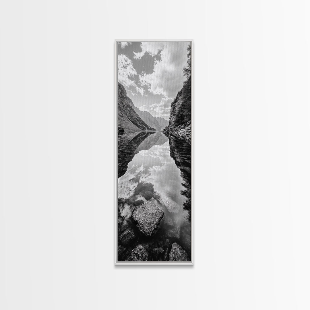 Reflective Lake, Cloud Mirror, Mountain Calm, Canvas Print, Serene Bedroom Wall Art, Nature Tranquility, Scandinavian Landscape Style