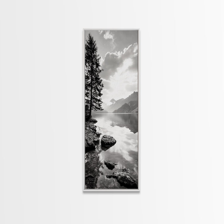 Mountain Lake Peace, Still Water View, Nature Escape, Framed Canvas Print, Living Room Wall Art, Nordic Cabin Decor, Minimal Landscape