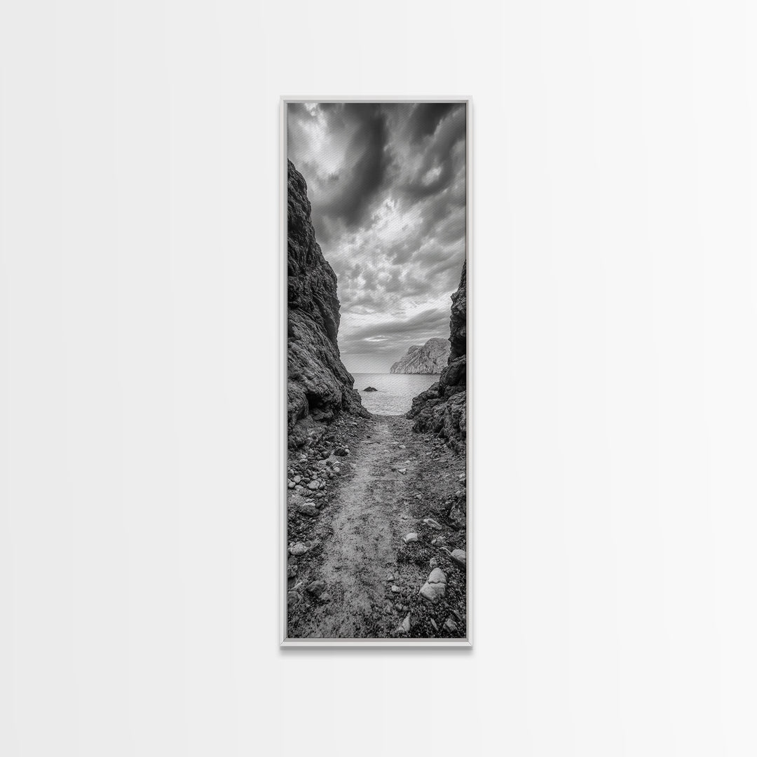 Rocky Pathway, Seaside Trail, Cloudy Horizon, Framed Canvas Print, Moody Coastal Wall Art, Nature Inspired, Monochrome Travel Decor