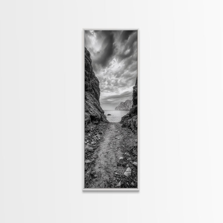 Rocky Pathway, Seaside Trail, Cloudy Horizon, Framed Canvas Print, Moody Coastal Wall Art, Nature Inspired, Monochrome Travel Decor