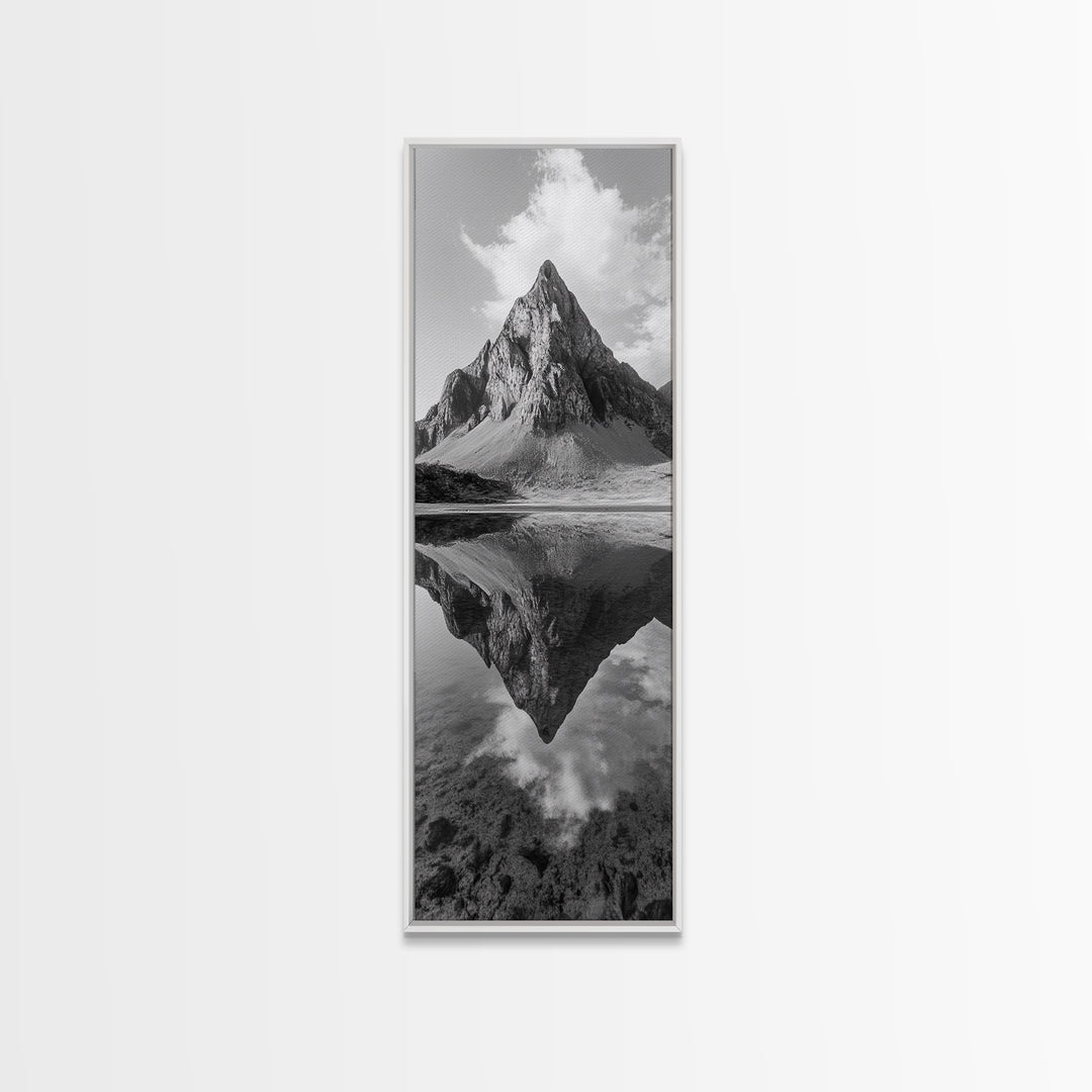 Sharp Mountain Peak, Reflection Stillness, Monochrome Wild, Framed Canvas Print, Rustic Cabin Wall Art, Nature Lover Gift Idea