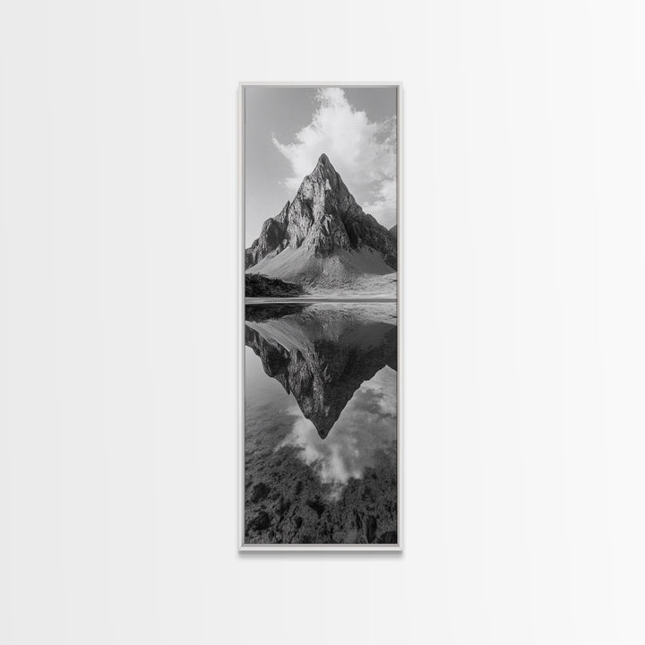 Sharp Mountain Peak, Reflection Stillness, Monochrome Wild, Framed Canvas Print, Rustic Cabin Wall Art, Nature Lover Gift Idea