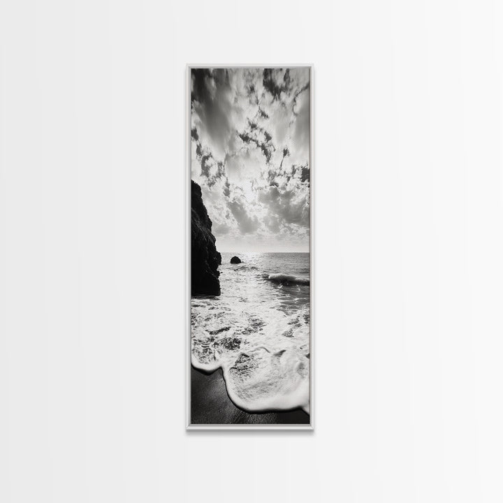 Ocean Sunset Foam, Coastal Waves Print, Seascape Minimalist, Fall Bathroom Decor, Canvas Print, Black White Beach Photography