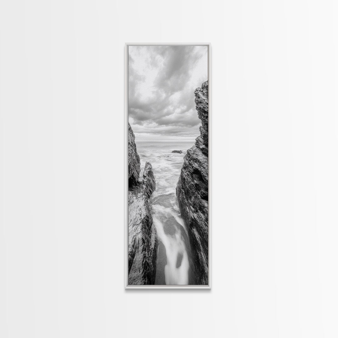 Rocky Sea Gap, Moody Ocean Art, Monochrome Seascape, Minimalist Wall Decor, Canvas Print, Coastal Living Room Wall Art, Living Room Art