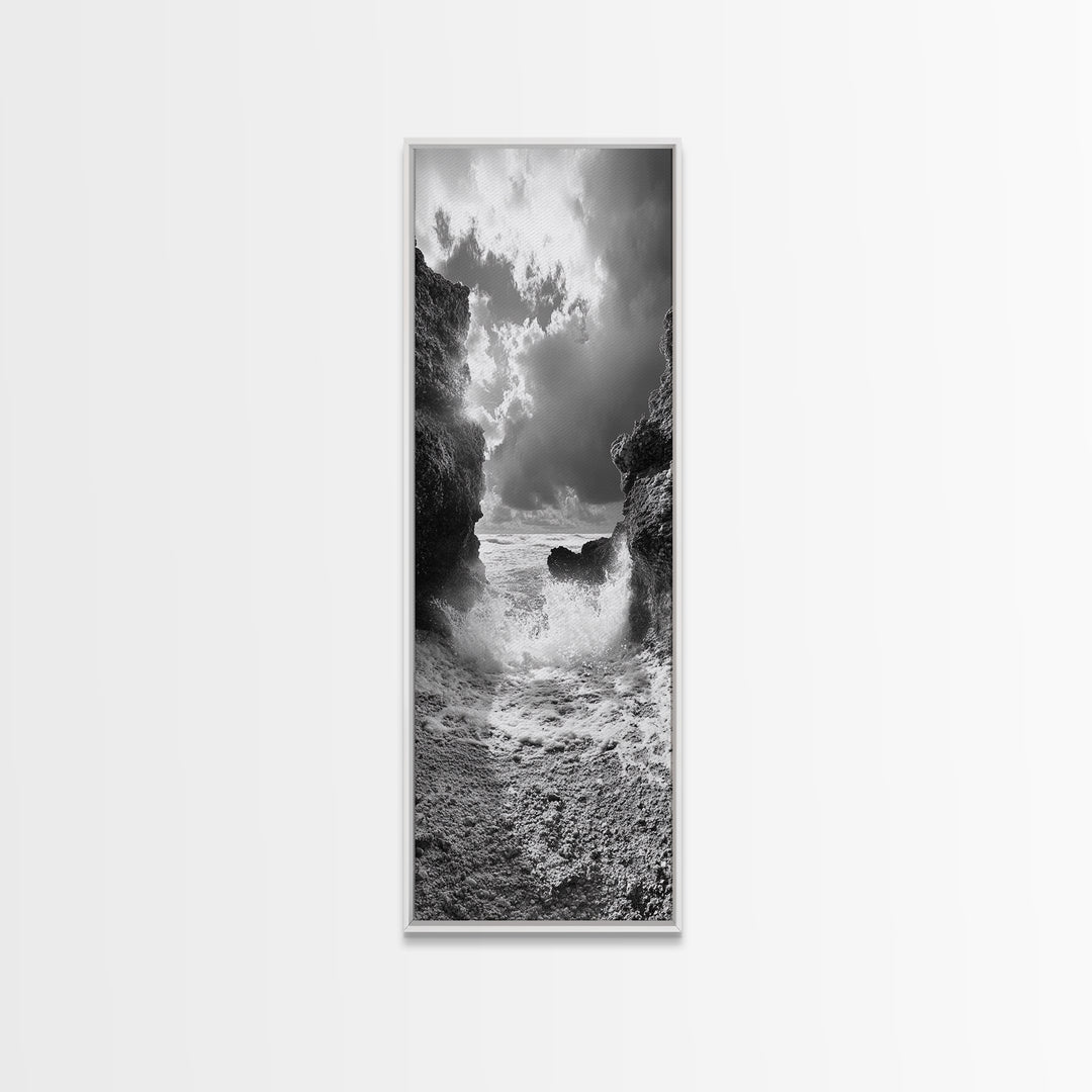 Wave Crash Rocks, Ocean Drama Scene, Moody Beach Photography, Coastal Kitchen Decor, Framed Canvas Print, Nautical Wall Art