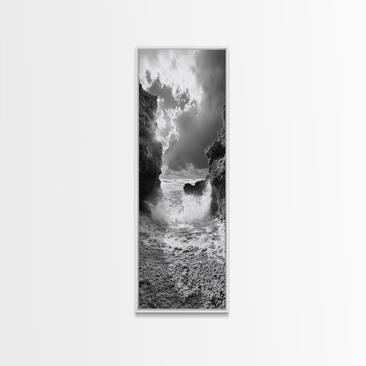 Wave Crash Rocks, Ocean Drama Scene, Moody Beach Photography, Coastal Kitchen Decor, Framed Canvas Print, Nautical Wall Art