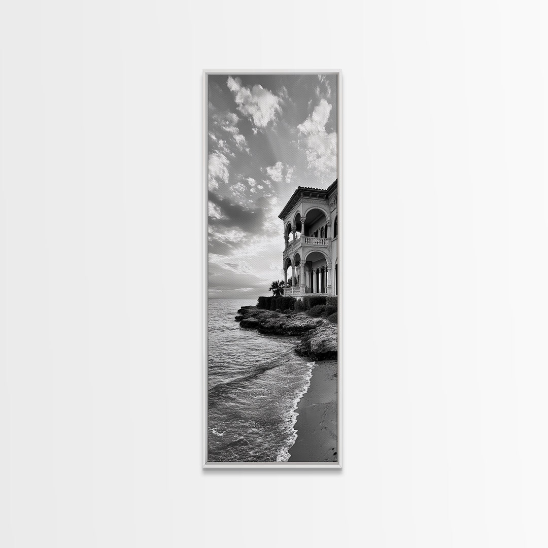 Italian Villa Coast, Seaside Architecture Print, Elegant Travel Decor, Framed Canvas Print, Dining Room Wall Art, Monochrome