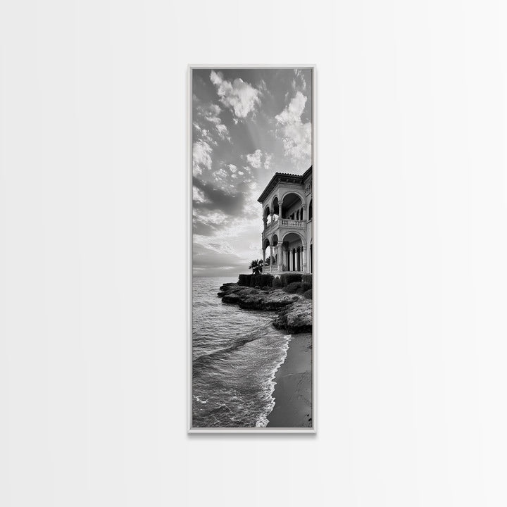Italian Villa Coast, Seaside Architecture Print, Elegant Travel Decor, Framed Canvas Print, Dining Room Wall Art, Monochrome