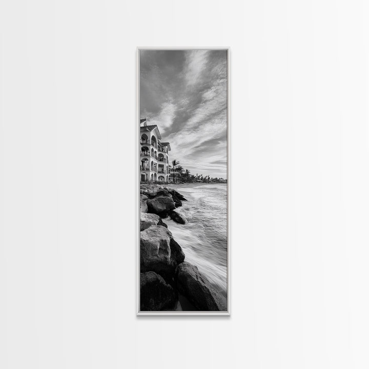 Coastal Resort Scene, Waves Rocks Hotel, Tropical Vacation Art, Beach House Wall Decor, Canvas Print, Living Room Style, Coastal Minimalist