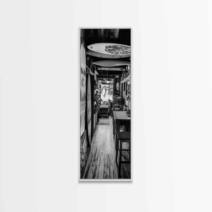 Surfboard Shop Hallway, Rustic Surf Decor, Beach Lifestyle Print, Framed Canvas Print, Man Cave Wall Art, Coastal Boho Vibes, Cabin Wall Art