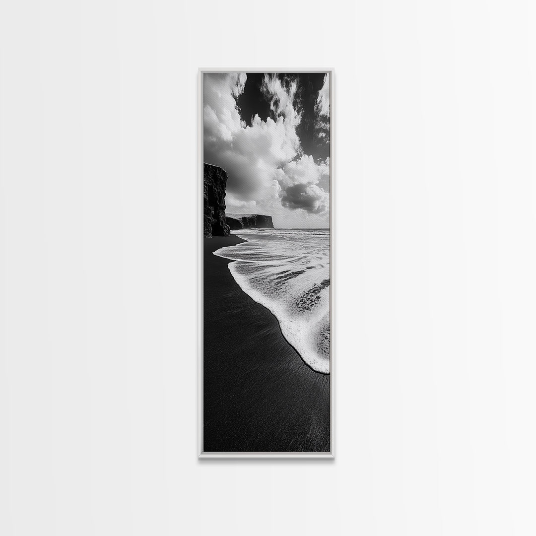 Shoreline Edge, Ocean Waves, Coastal Horizon, Framed Canvas Print, Black and White Beach Art, Bathroom Art, Entryway Wall Decor