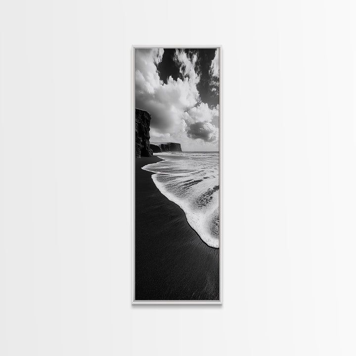 Shoreline Edge, Ocean Waves, Coastal Horizon, Framed Canvas Print, Black and White Beach Art, Bathroom Art, Entryway Wall Decor