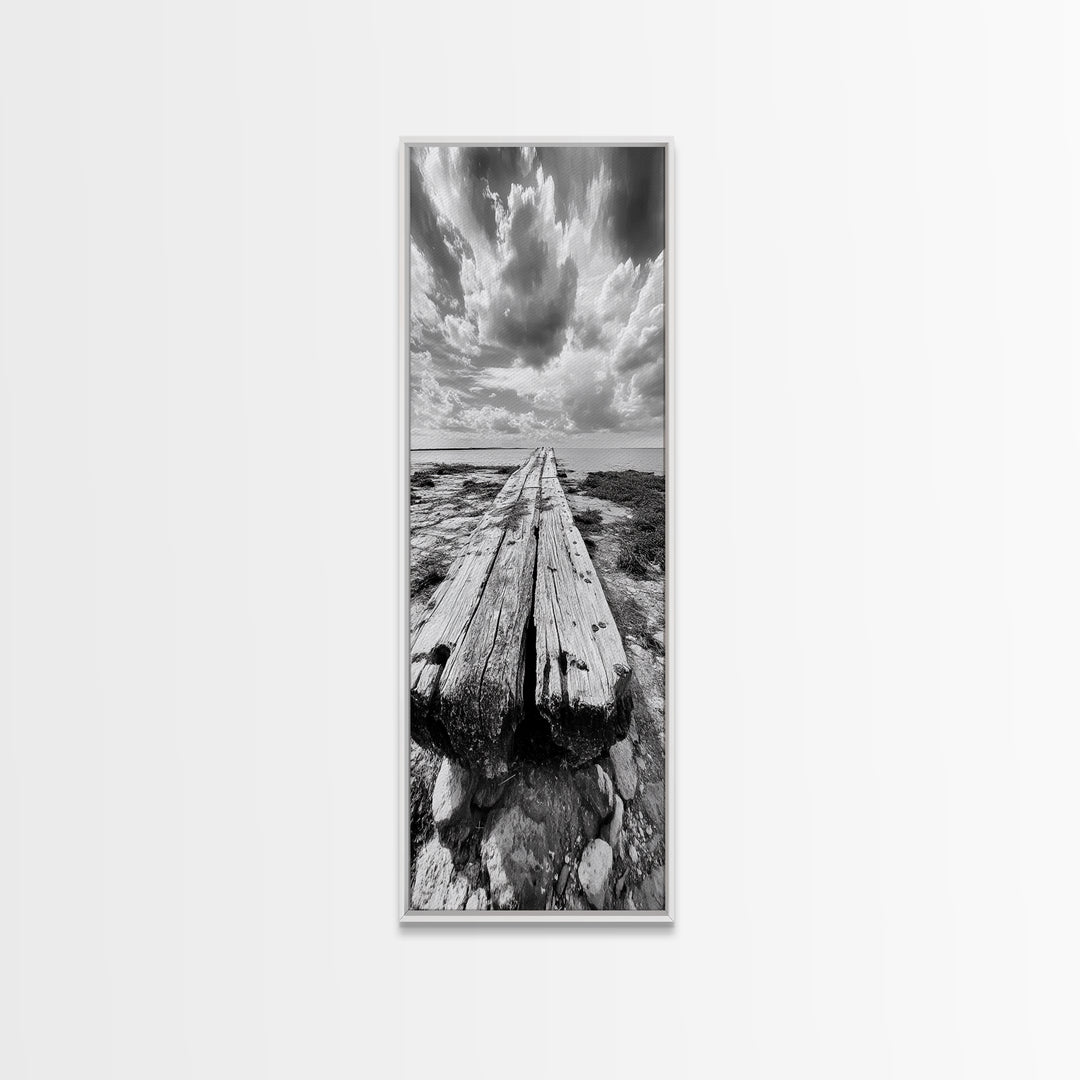 Weathered Pier End, Dramatic Ocean View, Minimalist Coastal Landscape, Canvas Print, Living Room Fall Wall Art, Rustic Decor