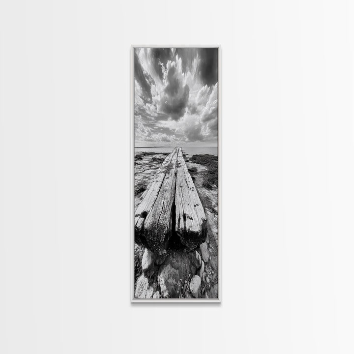 Weathered Pier End, Dramatic Ocean View, Minimalist Coastal Landscape, Canvas Print, Living Room Fall Wall Art, Rustic Decor