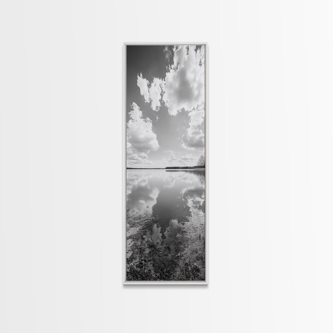 Lake Reflection, Calm Waters, Cloudy Sky, Minimalist Landscape, Framed Canvas Print, Neutral Living Room Art, Tranquil Nature Scene