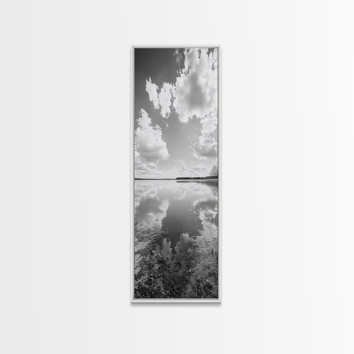 Lake Reflection, Calm Waters, Cloudy Sky, Minimalist Landscape, Framed Canvas Print, Neutral Living Room Art, Tranquil Nature Scene