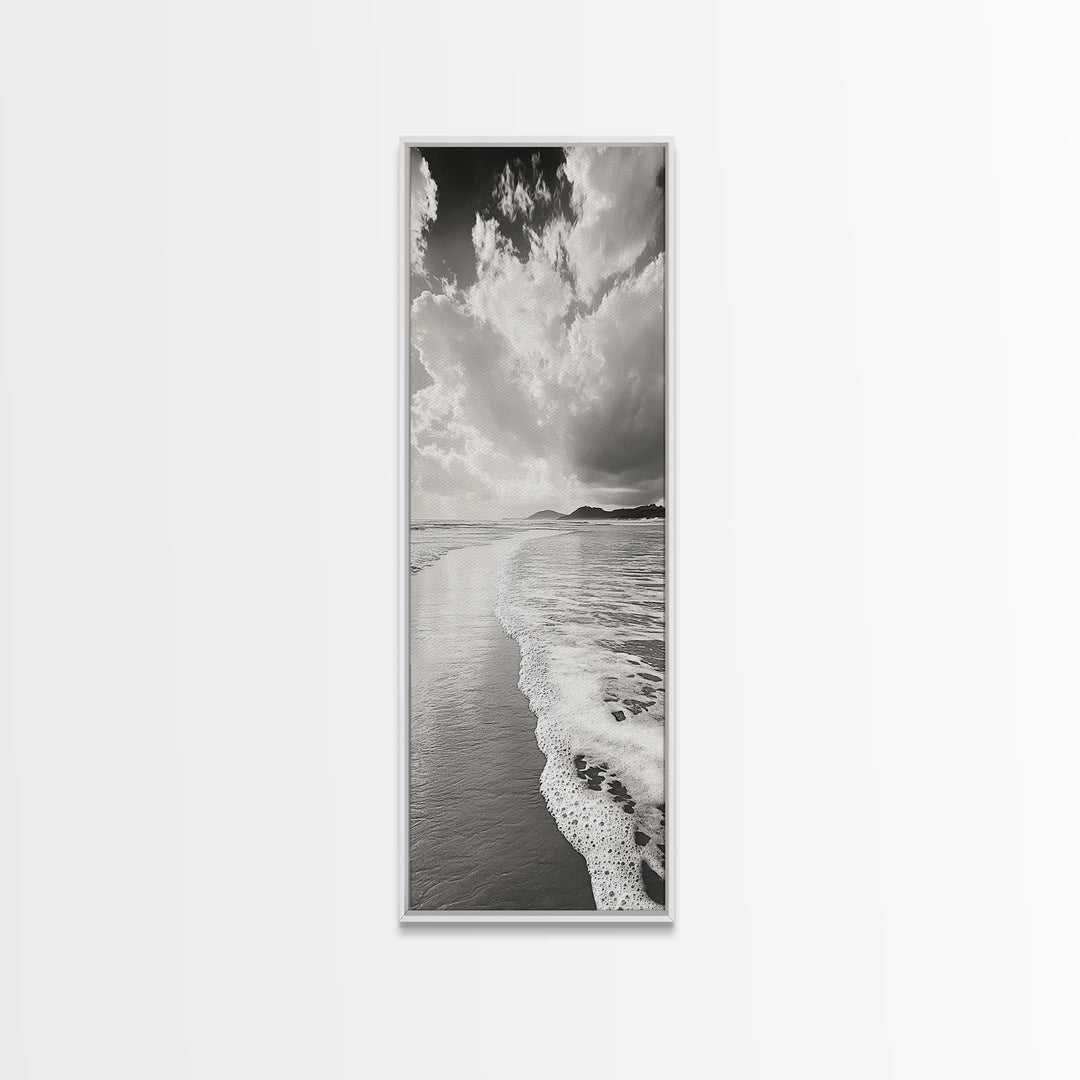 Beach Horizon, Ocean Calm, Foamy Shore, Black White Coastal Art, Canvas Print, Bathroom Decor, Peaceful Coastal Minimalist Style