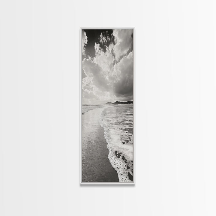 Beach Horizon, Ocean Calm, Foamy Shore, Black White Coastal Art, Canvas Print, Bathroom Decor, Peaceful Coastal Minimalist Style