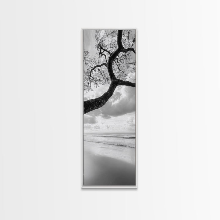 Ocean Tree View, Beach Horizon, Minimal Branches, Framed Canvas Print, Coastal Living Room Art, Neutral Decor, Zen Nature Photography