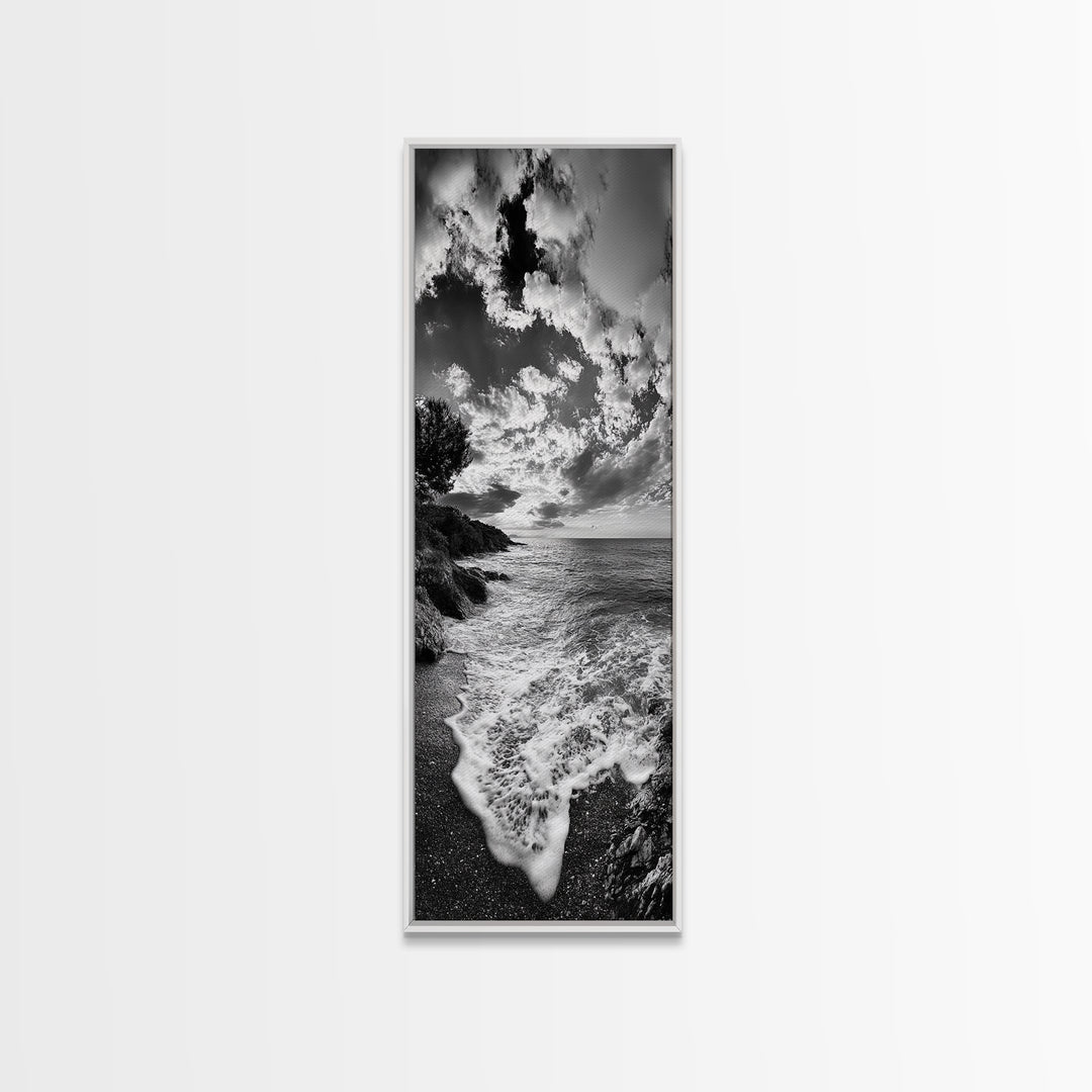 Rocky Coastline, Ocean Foam, Sunset Glow, Framed Canvas Print, Nautical Wall Art, Beach House Decor, Moody Seascape Photography