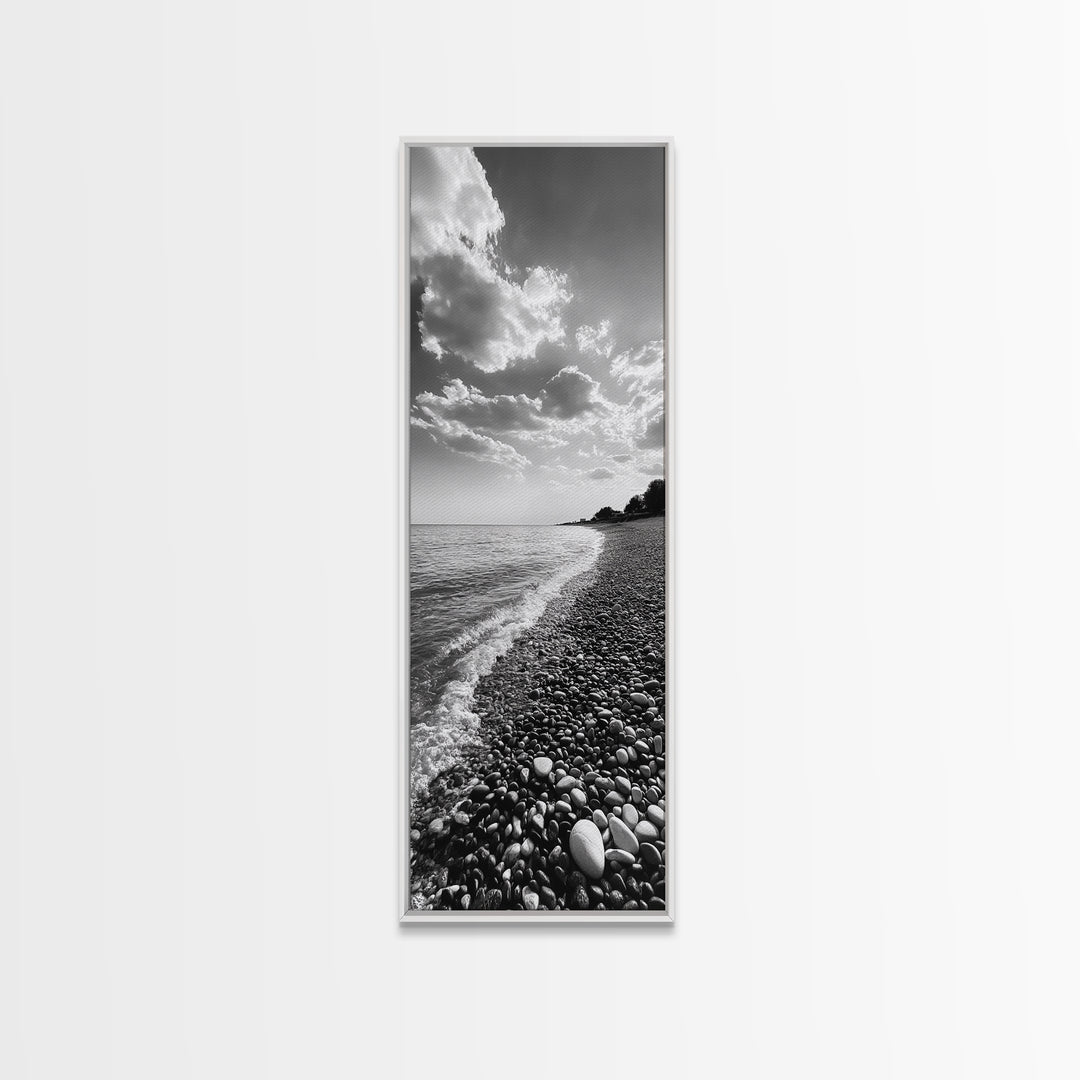 Pebble Beach, Gentle Waves, Coastal Calm, Framed Canvas Print, Minimalist Bathroom Wall Art, Nature Texture Decor, Seaside Zen, Office Wall Art