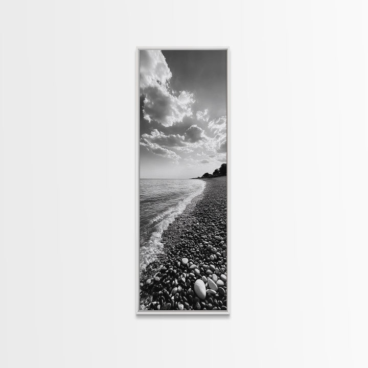 Pebble Beach, Gentle Waves, Coastal Calm, Framed Canvas Print, Minimalist Bathroom Wall Art, Nature Texture Decor, Seaside Zen, Office Wall Art