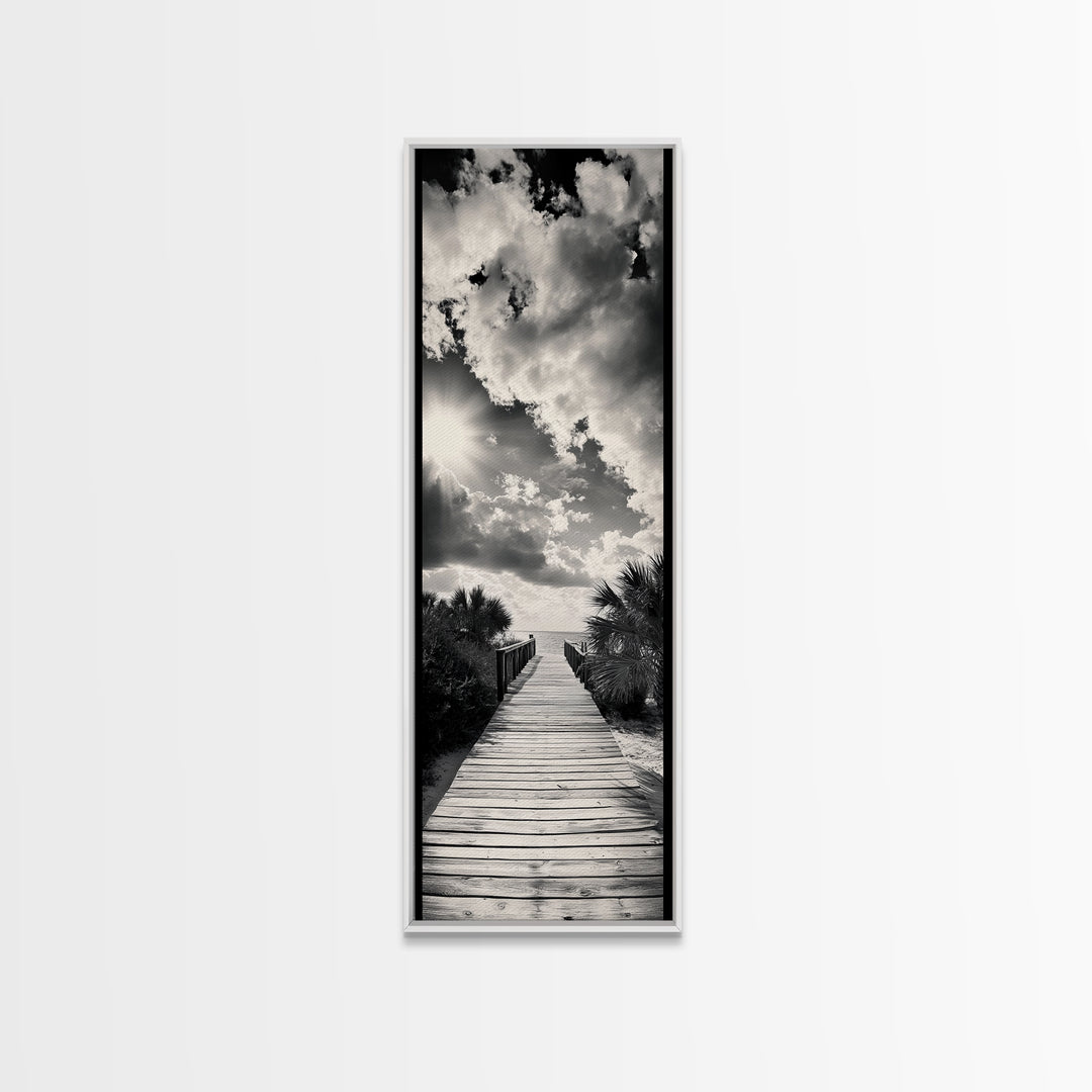 Boardwalk Path, Coastal Sunset, Palm Trees, Framed Canvas Print, Beach Walkway Wall Art, Entryway or Living Room Coastal Decor