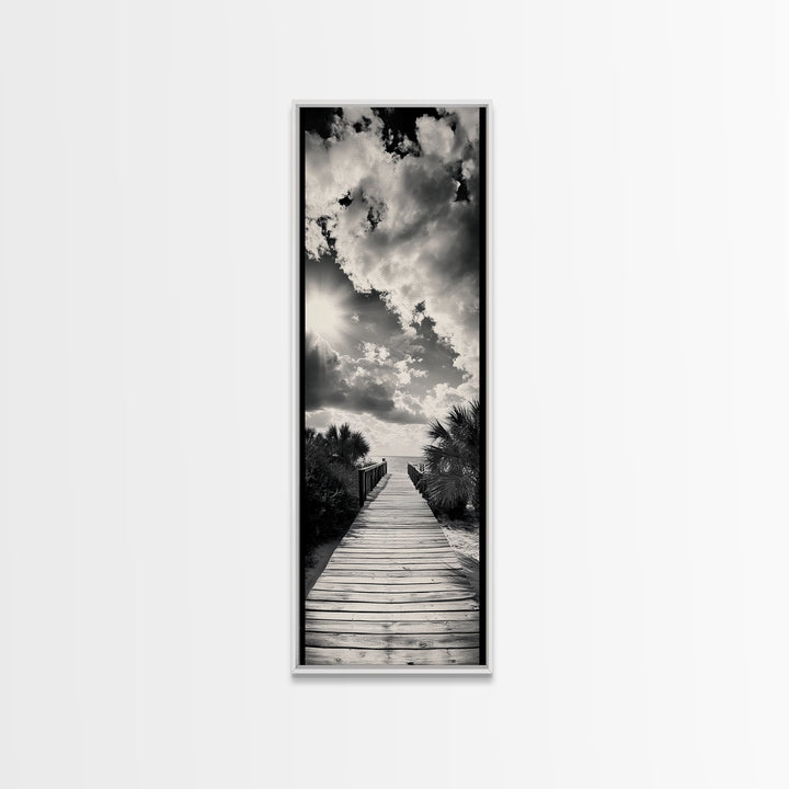 Boardwalk Path, Coastal Sunset, Palm Trees, Framed Canvas Print, Beach Walkway Wall Art, Entryway or Living Room Coastal Decor