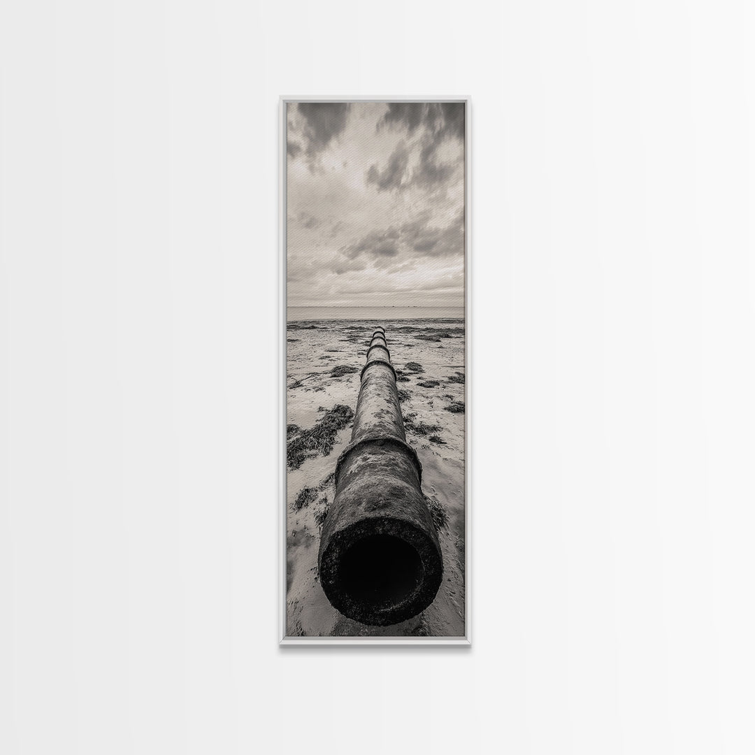 Rusted Pipe Beach, Industrial Coastal Vibe, Grunge Seascape, Framed Canvas Print, Urban Loft Art, Bathroom Wall Art, Office Wall Art