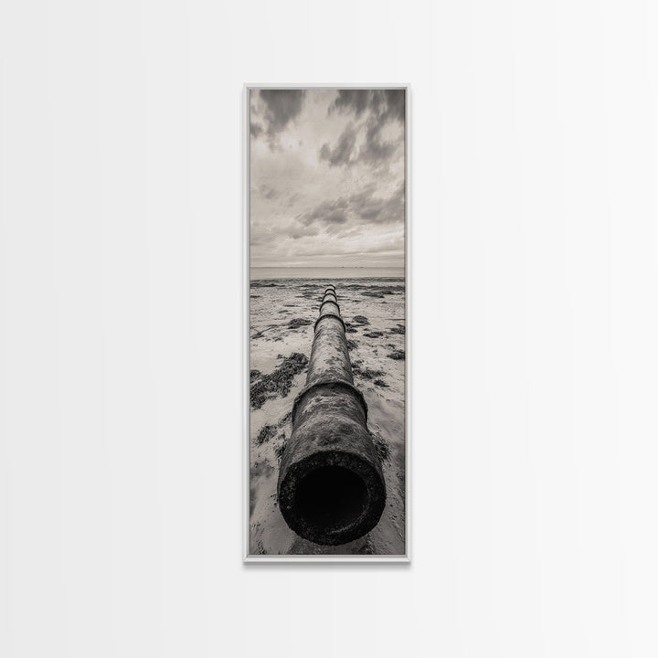 Rusted Pipe Beach, Industrial Coastal Vibe, Grunge Seascape, Framed Canvas Print, Urban Loft Art, Bathroom Wall Art, Office Wall Art