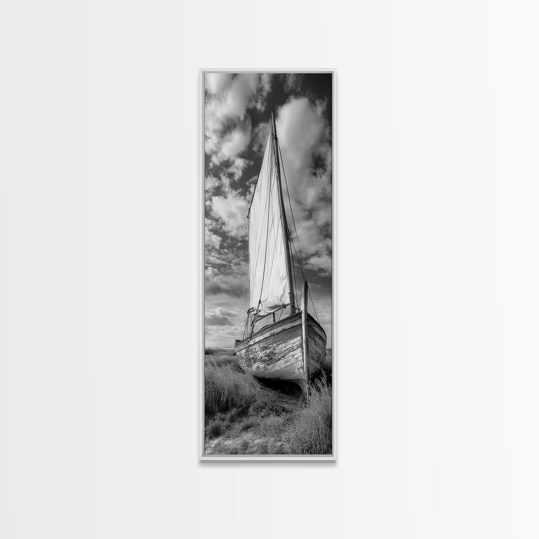 Weathered Sailboat Scene, Coastal Rustic Charm, Seafaring Wall Decor, Framed Canvas Print, Nautical Bathroom or Hallway Art, Ocean Decor