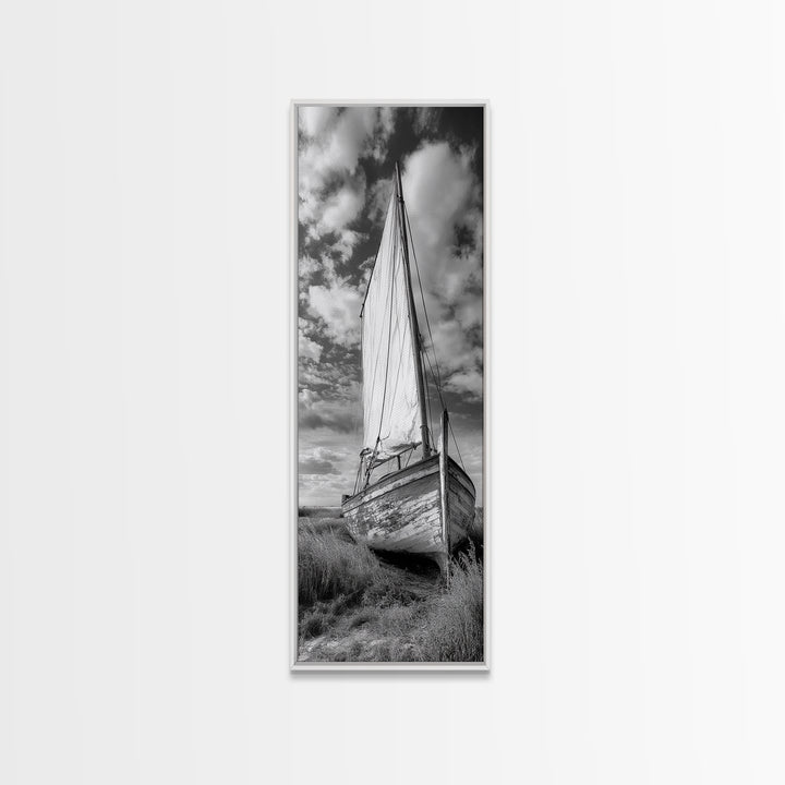 Weathered Sailboat Scene, Coastal Rustic Charm, Seafaring Wall Decor, Framed Canvas Print, Nautical Bathroom or Hallway Art, Ocean Decor