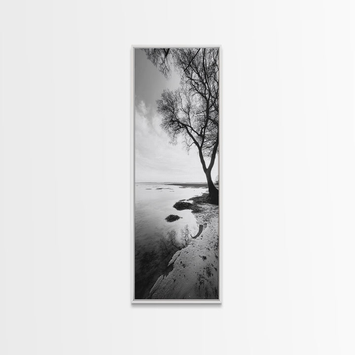 Bare Tree Reflection, Minimal Winter Shoreline, Calm Monochrome Art, Framed Canvas Print, Scandinavian Living Room Art, Bathroom Art