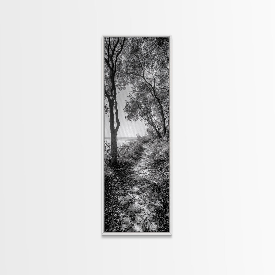 Lakeside Pathway Scene, Forest Walk Tranquility, Coastal Trail Mood, Framed Canvas Print, Nature-Lover Bedroom Wall Art, Cabin Wall Art