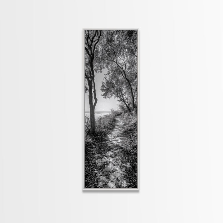 Lakeside Pathway Scene, Forest Walk Tranquility, Coastal Trail Mood, Framed Canvas Print, Nature-Lover Bedroom Wall Art, Cabin Wall Art