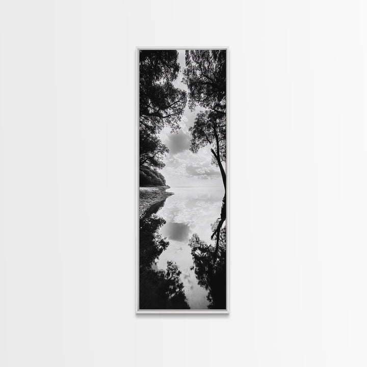 Misty Lake, Nature Reflection, Tranquil Waters, Monochrome Trees, Framed Canvas Print, Minimalist Wall Art, Bathroom or Hallway Decor