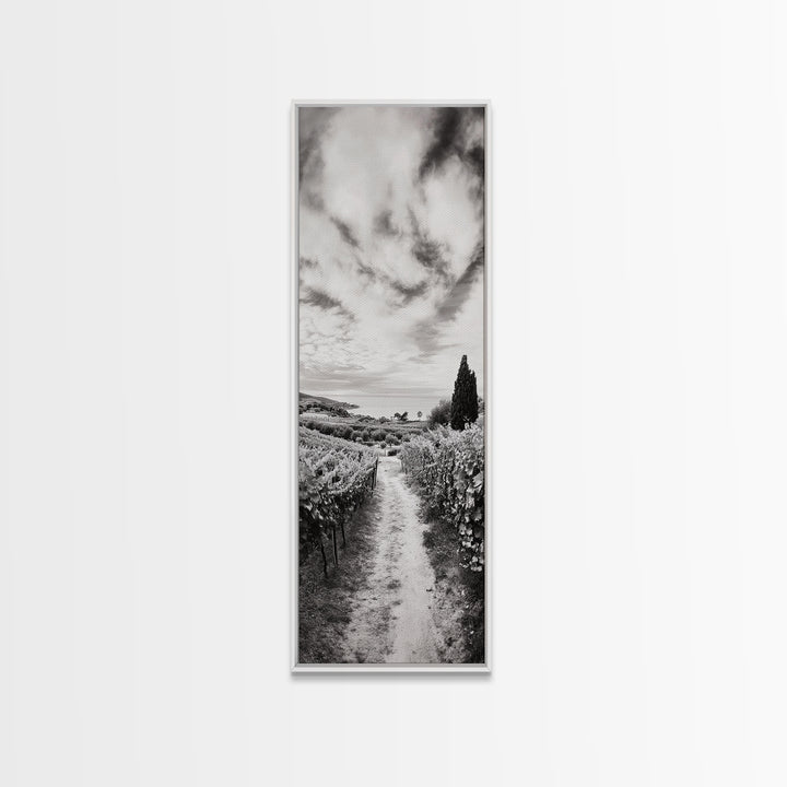 Vineyard Pathway, Scenic Hills, Countryside View, Rustic Charm, Framed Canvas Print, Farmhouse Kitchen Wall Art, Autumn Decor