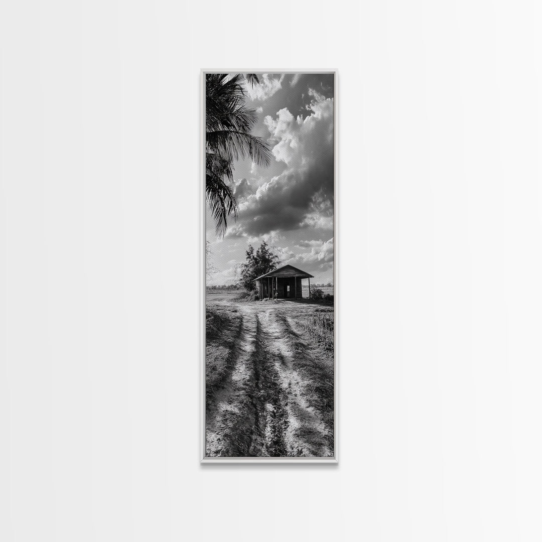 Rustic Cabin, Countryside Road, Farm Field, Palm Trees, Framed Canvas Print, Farmhouse Entryway Wall Art, Fall Landscape,  Den Wall Art