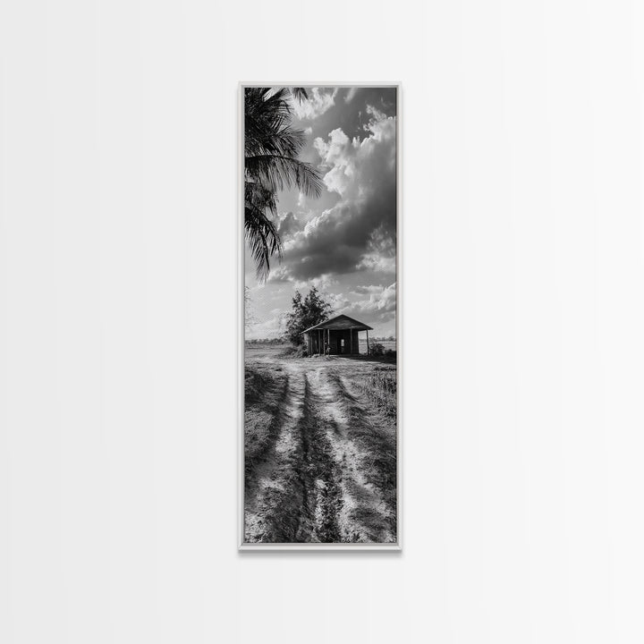 Rustic Cabin, Countryside Road, Farm Field, Palm Trees, Framed Canvas Print, Farmhouse Entryway Wall Art, Fall Landscape,  Den Wall Art