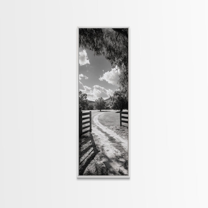 Country Road, Wooden Fence, Open Fields, Tree Shadows, Canvas Print, Rustic Farm Wall Art, Minimalist Nature Photography, Entryway Home Decor