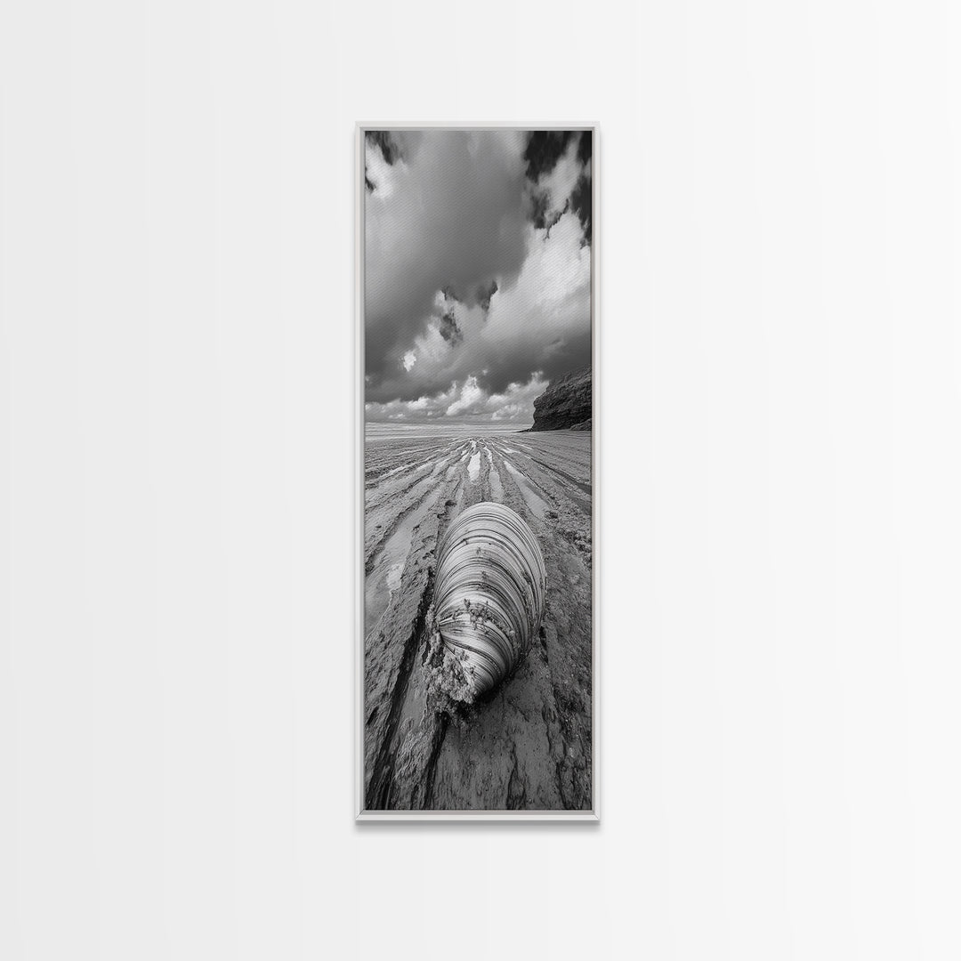 Ocean Clam, Moody Beach, Tidal Lines, Coastal Detail, Canvas Print, Nautical Bathroom Wall Art, Black and White Ocean Decor,  Den Wall Piece