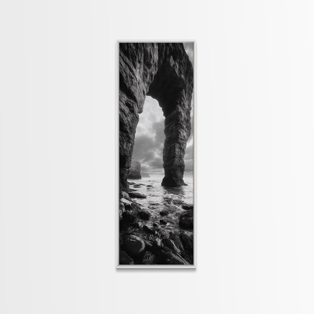 Sea Arch, Coastal Rocks, Ocean Waves, Dramatic Sky, Framed Canvas Print, Coastal Wall Art, Minimalist Beach House Decor, Bedroom Artwork