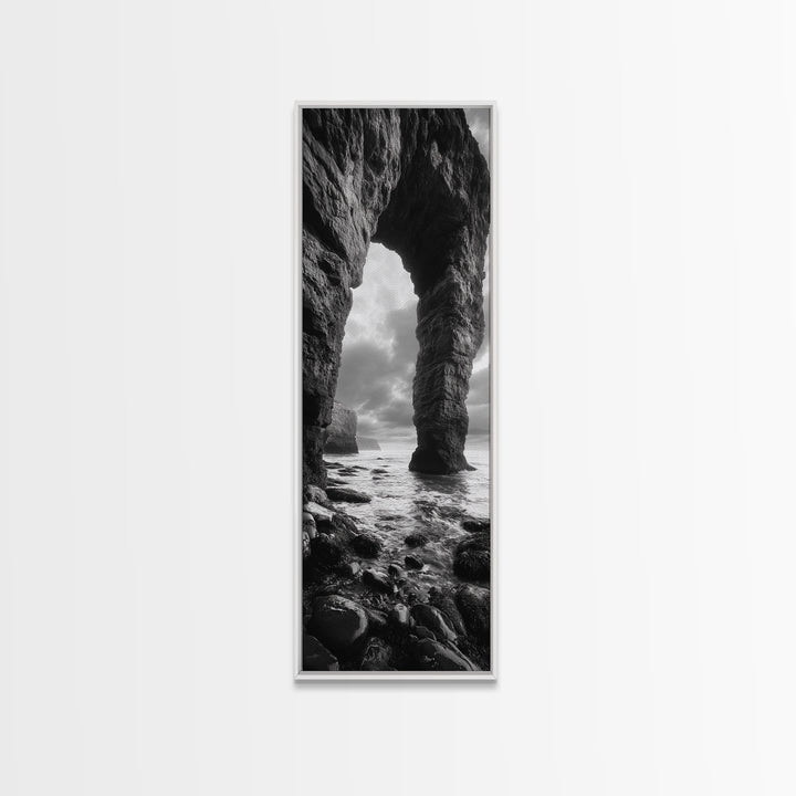 Sea Arch, Coastal Rocks, Ocean Waves, Dramatic Sky, Framed Canvas Print, Coastal Wall Art, Minimalist Beach House Decor, Bedroom Artwork