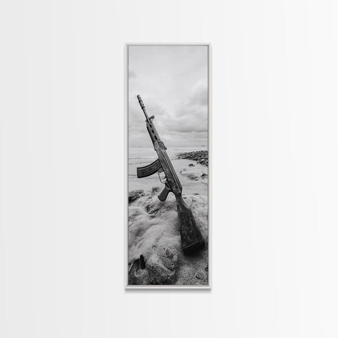 War Relic, AK Rifle, Surreal Beach Scene, Framed Canvas Print, Bold Statement Art, Bachelor Pad or Office Decor, Rustic Industrial Style